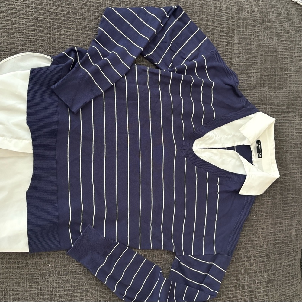 Navy Striped V-Neck Sweater with White Collar